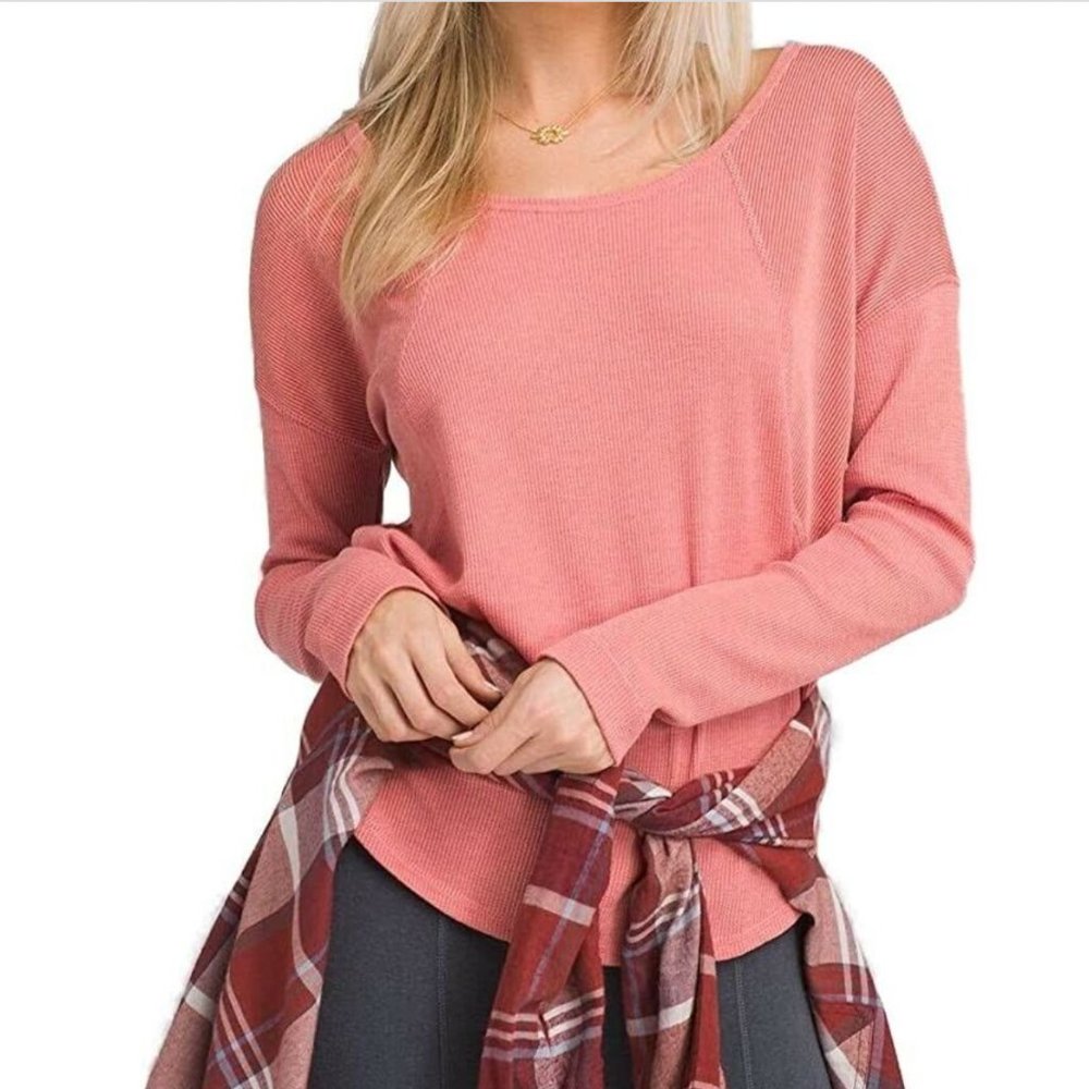 Prana Womens Remi Waffle Knit Thermal Athletic Outdoor Pullover Rhubarb L
